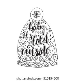 Vector hand drawn greeting card - Baby it's cold outside. Isolated on white background. Coloring book page. Festive background, christmas design