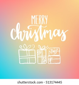 Vector hand drawn greeting card - Merry christmas . White calligraphy isolated on dreamy gradient. Colorful holiday banner with hand lettering. 