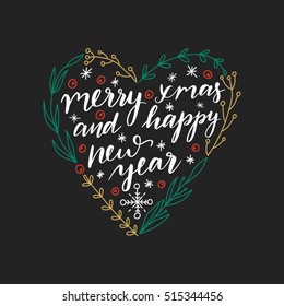 Vector hand drawn greeting card - Merry christmas and Happy new year. Isolated on black background. Colorful festive background, christmas design