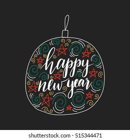 Vector hand drawn greeting card - Happy new year. Isolated on black background. Colorful festive background, christmas design