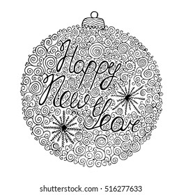 Vector hand drawn vector greeting card Happy new year lettering. Holiday illustration Xmas. Doodle style. Merry Christmas. Logo, print, stamp, patch, design,wallpaper, ,textile, paper,decor,art.Eps10.