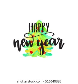 Vector hand drawn greeting card - Happy New Year. Black calligraphy isolated on white background. Christmas design