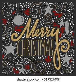 Vector hand drawn greeting card Merry Christmas. Hand lettering festive background. Holiday illustration