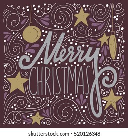 Vector hand drawn greeting card Merry Christmas. Hand lettering festive background. Holiday illustration