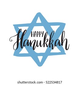 Vector hand drawn greeting card - Happy Hanukkah. Black calligraphy isolated on white background with blue star of David. Hand lettering illustration. Hanukkah design