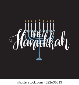 Vector hand drawn greeting card - Happy Hanukkah. White calligraphy isolated on black  background with menorah. Hand lettering illustration. Hanukkah design