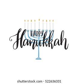 Vector hand drawn greeting card - Happy Hanukkah. Black calligraphy isolated on white  background with menorah. Hand lettering illustration. Hanukkah design