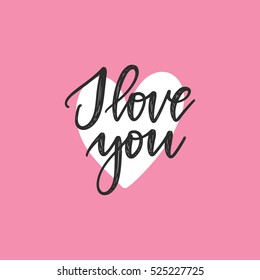 Vector hand drawn greeting card - I love you. Black calligraphy isolated on pink background with white heart. Hand lettering illustration. Valentine's Day design