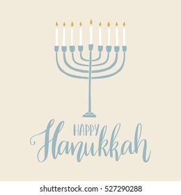 Vector hand drawn greeting card - Happy Hanukkah. Black calligraphy isolated on white background with menorah. Hand lettering illustration. Hanukkah design