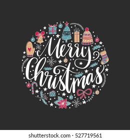 Vector hand drawn greeting card - Merry Christmas with holiday doodles in a circle shape. Festive design with hand lettering. Christmas background