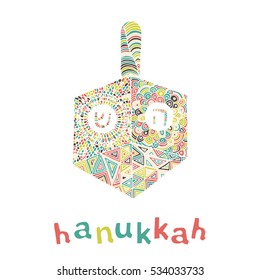Vector hand drawn greeting card - Happy Hanukkah. Colorful calligraphy isolated on white background with dreidel. Hand lettering illustration. Hanukkah design