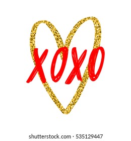 Vector hand drawn greeting card - XOXO. Hugs and kisses. Red calligraphy isolated on white background with golden glitter heart. Valentine's Day design