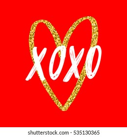 Vector hand drawn greeting card - XOXO. Hugs and kisses. White calligraphy isolated on red background with golden glitter heart. Valentine's Day design