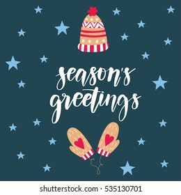 Vector hand drawn greeting card - Season's greetings. Christmas background design for invitation, poster or card. 