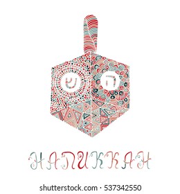 Vector hand drawn greeting card - Happy Hanukkah. Colorful calligraphy isolated on white background with dreidel. Hand lettering illustration. Hanukkah design