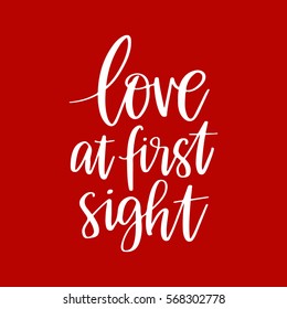 Vector hand drawn greeting card - Love at first sight.White calligraphy isolated on red background. Valentine's Day design