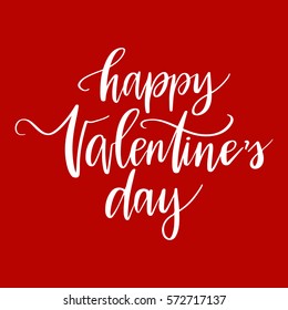 Vector hand drawn greeting card - Happy Valentine's day.White calligraphy isolated on red background. Valentine's Day design