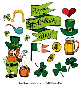 Vector hand drawn greeting card with clovers, shamrocks.For St. Patricks Day decoration. Hand written text "Happy St. Patricks Day!"
