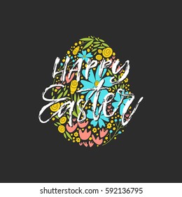 Vector hand drawn greeting card - Happy Easter. Dry brush calligraphy isolated on black background with floral motifs in a shape of egg