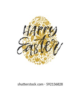 Vector hand drawn greeting card - Happy Easter. Dry brush calligraphy isolated on white background with floral motifs in a shape of egg