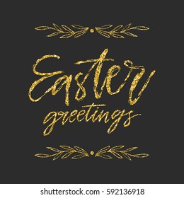 Vector hand drawn greeting card - Easter greetings. Dry brush calligraphy isolated on black background.