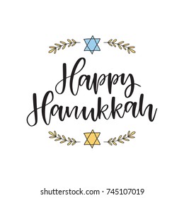 Vector hand drawn greeting card - Happy Hanukkah. Black calligraphy isolated on white background floral frame and David star