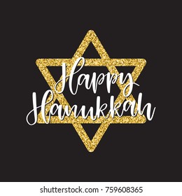 Vector hand drawn greeting card - Happy Hanukkah. White calligraphy isolated on black background with blue star of David. Hand lettering illustration. Hanukkah design