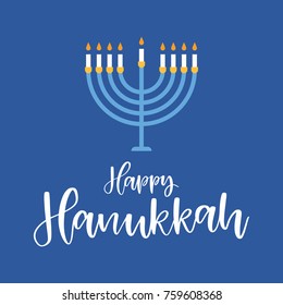 Vector hand drawn greeting card - Happy Hanukkah. White calligraphy isolated on blue background with menorah. Hand lettering illustration. Hanukkah design