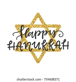 Vector hand drawn greeting card - Happy Hanukkah. Black  calligraphy isolated on white background with blue star of David. Hand lettering illustration. Hanukkah design