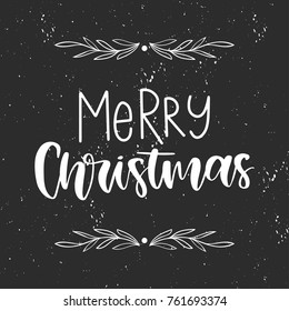 Vector hand drawn greeting card - Merry Christmas. Black and white illustration with floral frame and hand lettering. Holiday banner