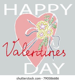 Vector hand drawn greeting card Happy Valentine's Day with heart decorated with ribbon and flowers