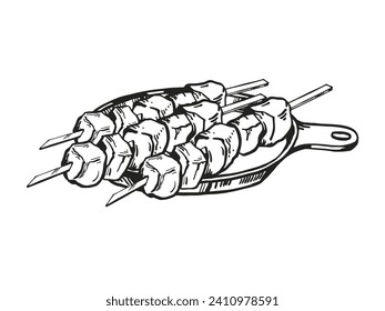 Vector hand drawn grilled kebab, ink food illustration with three skewers with meat barbecue kebab, black and white sketch of barbeque theme isolated on white background