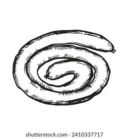 Salchichas a la parrilla dibujadas a mano por vectores, ilustración de comida con tinta con dos salchichas de carne, sketch en blanco y negro de tema de barbacoa aislado en fondo blanco
