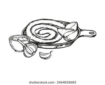Vector hand drawn grilled sausages on iron frying pan on wooden cutting board, sauce and garlic, ink food illustration for beer theme, black and white sketch of barbeque theme white background
