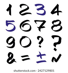 Vector hand drawn grunge alphabet with numbers. Ink drawn font with dry brush strokes. Isolated rough tilted small numbers for design.