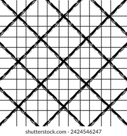 Vector hand drawn grunge diagonal checkered pattern. Doodle Plaid geometrical simple texture. Crossing lines. Abstract cute delicate pattern ideal for fabric, textile, wallpaper.