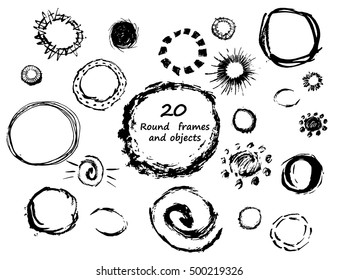 Vector hand drawn grunge round frames set. Unique brush circle objects isolated for poster, logo, banner, print, web design.