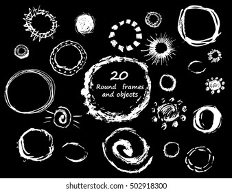 Vector hand drawn grunge round frames set. Unique brush circle objects  for poster, logo, banner, print, web design. White on black objects.