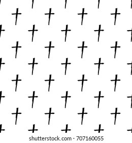 Vector hand drawn grunge seamless pattern with black Christian crosses.