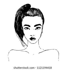 Vector hand drawn grunge sketch illustration of beautiful  young girl model with high ponytail hair.