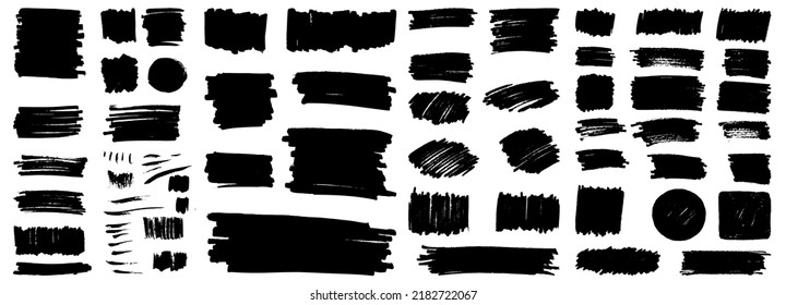 Vector hand drawn grungy ink brush stroke set. Paintbrush texture rectangular and round shape black marker scribbles. Isolated graphic elements for your design. Black stain brushstroke collection