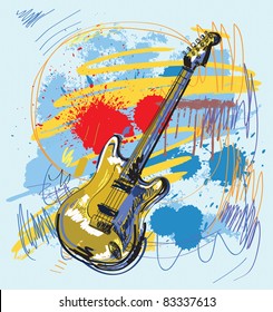 vector hand drawn of guitar on colour background