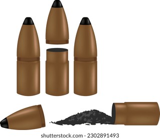 vector de pólvora y balas dibujadas a mano con cabeza de acero y cobre 