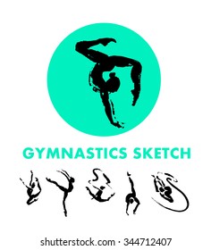 Vector hand drawn gymnastic sketch isolated on white backdrop. Ink drawing. Sportsman acrobat, dancer, gymnast silhouette illustration. Sport logo, magazine article design, poster,  advertising.