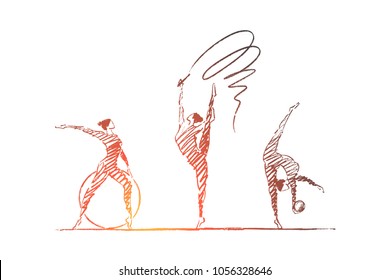 Vector hand drawn gymnastics set concept sketch. Three female gymnasts with ribbon, hoop and ball showing their flexibility and skills.