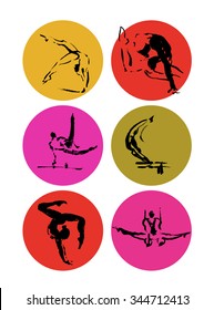 Vector hand drawn gymnastics sketch set isolated on white backdrop. Ink drawing. Sportsman silhouette illustration. Sport logo, magazine, journal article, print design, poster, placard, advertising.