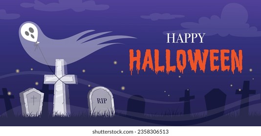 vector hand drawn halloween background. cemetery, ghost, night.