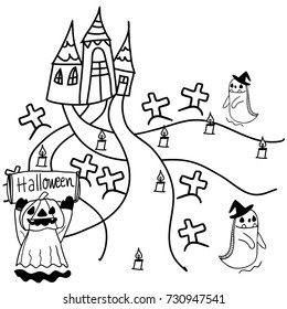 Vector hand drawn Halloween. Black and white illustration for coloring book, poster, print, t-shirt, cartoon doodle