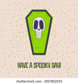 Vector hand drawn halloween card with coffin and skull - vector illustration, eps stock illustration