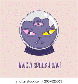 Vector hand drawn halloween card with magic ball with a mystical character inside - vector illustration, eps stock illustration